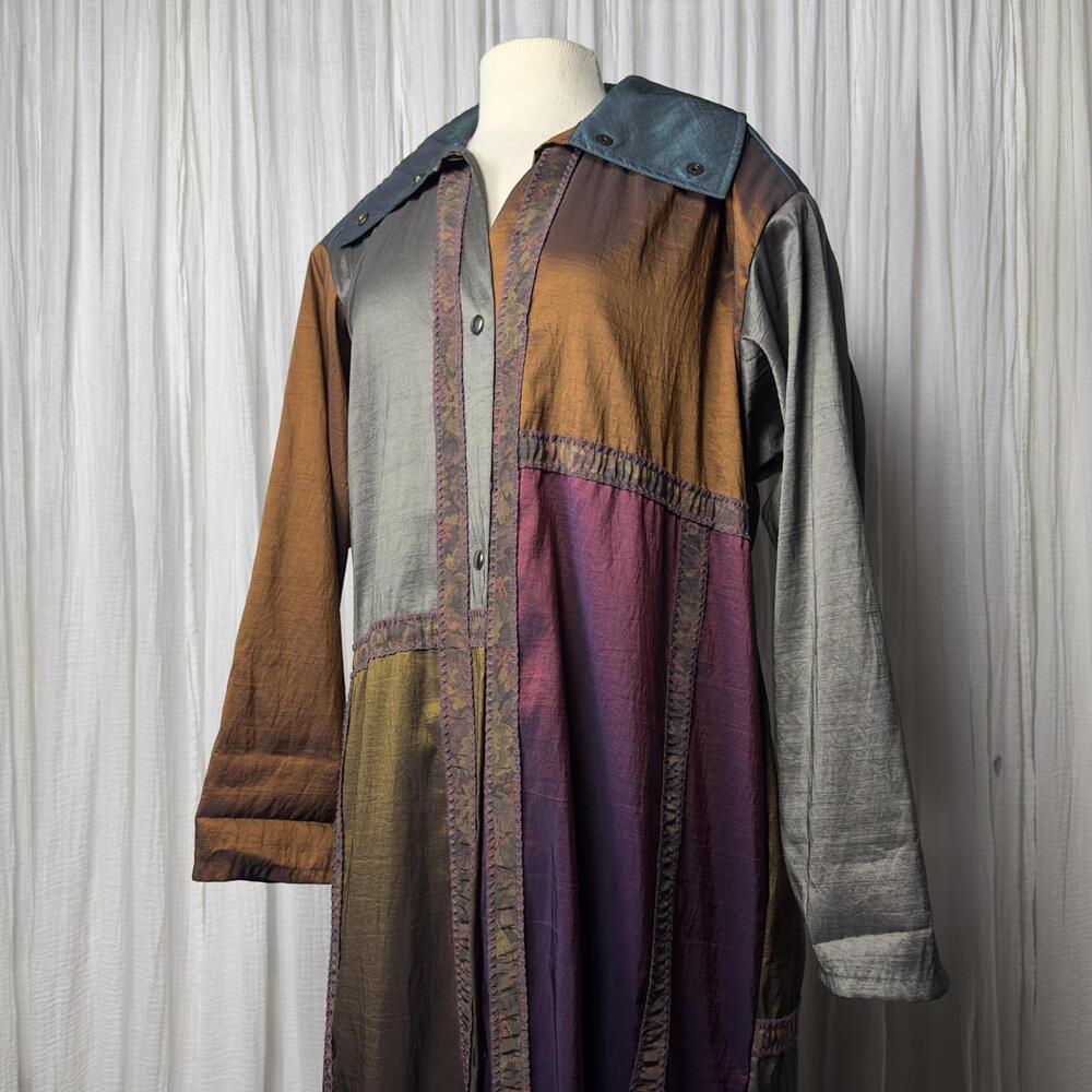 Indie Alternative Hippie Vintage Multicolor Patchwork Trench Coat (M/L) - Picture 4 of 7